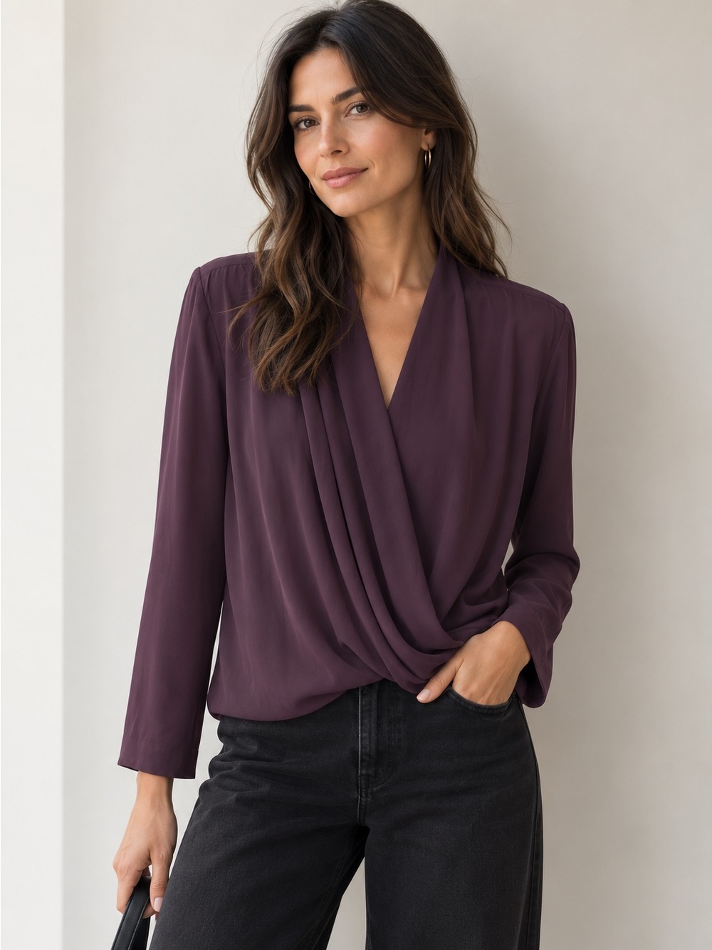 MM Lafleur Deneuve Draped V-Neck Long-Sleeve Top in Italian Crepe - Plum - M